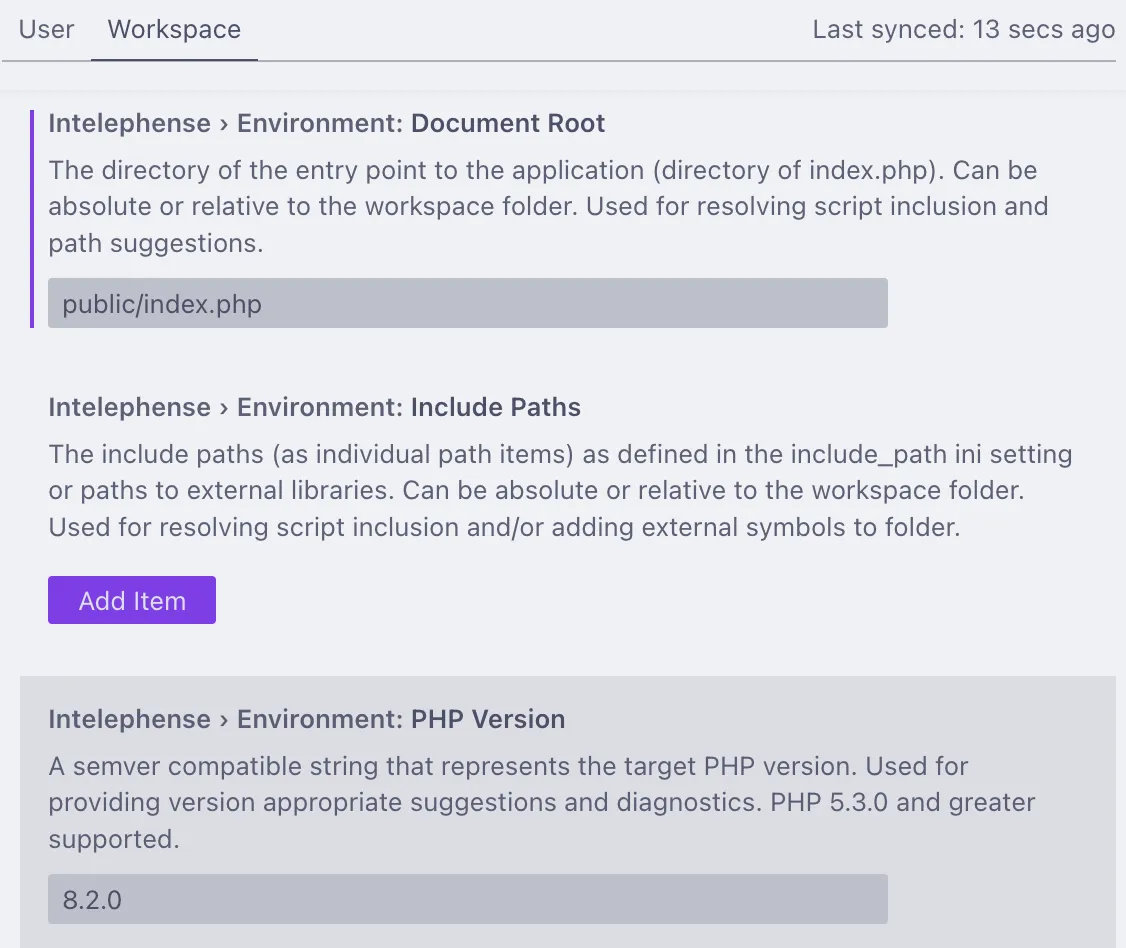 Setup Intelephense Document Root and PHP Version