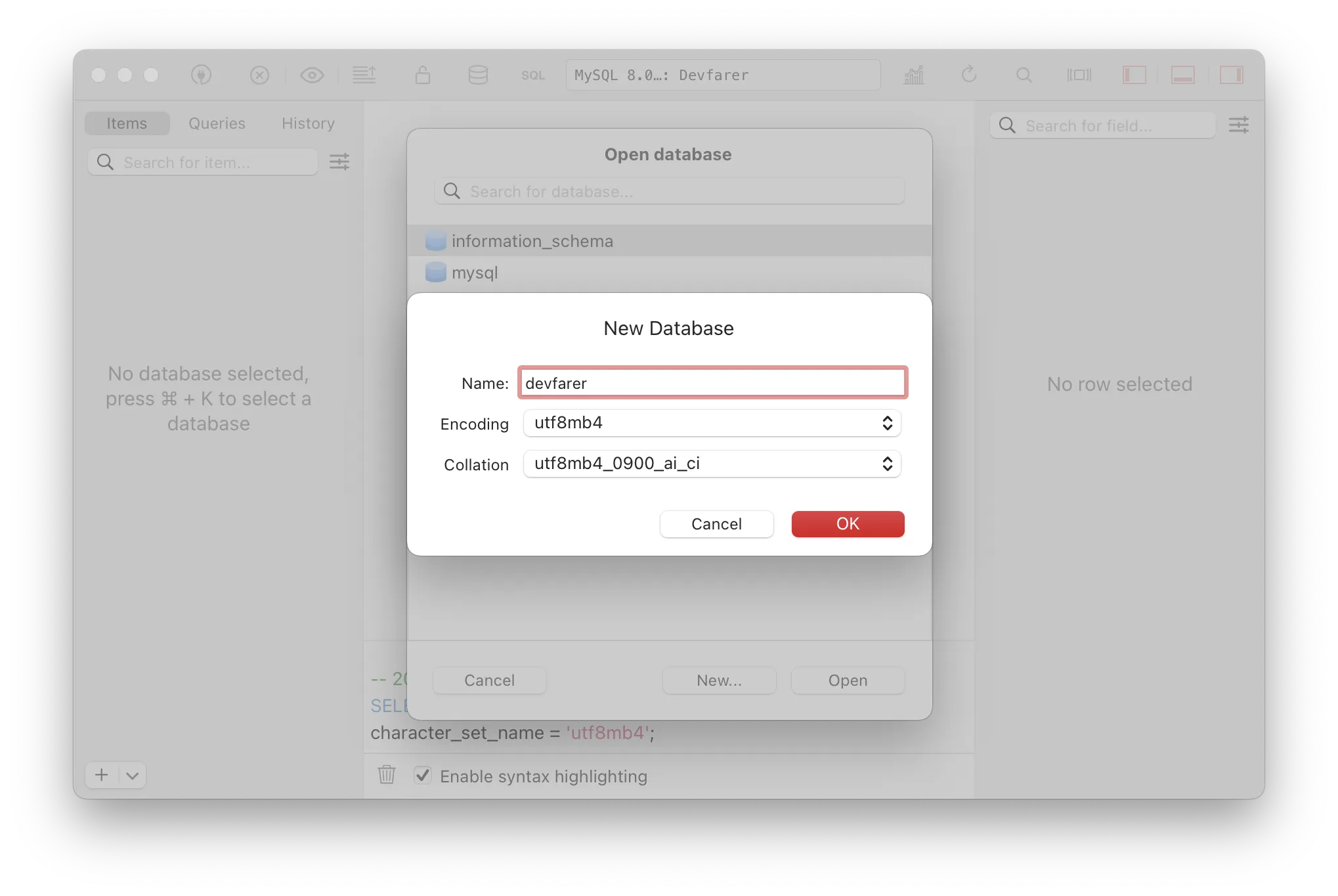 Creating tables and databases in TablePlus