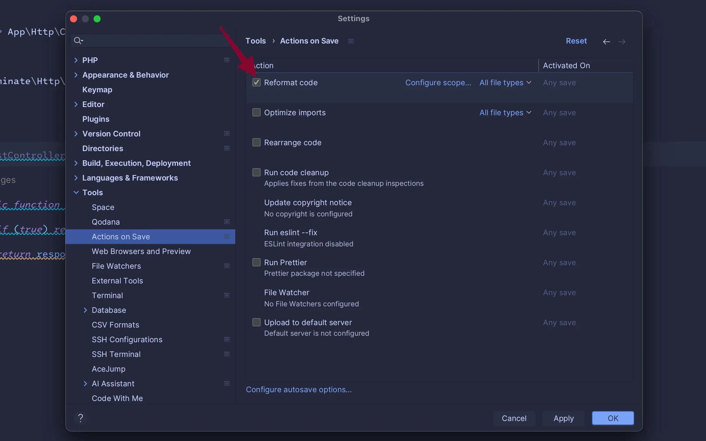 Reformat code on save
