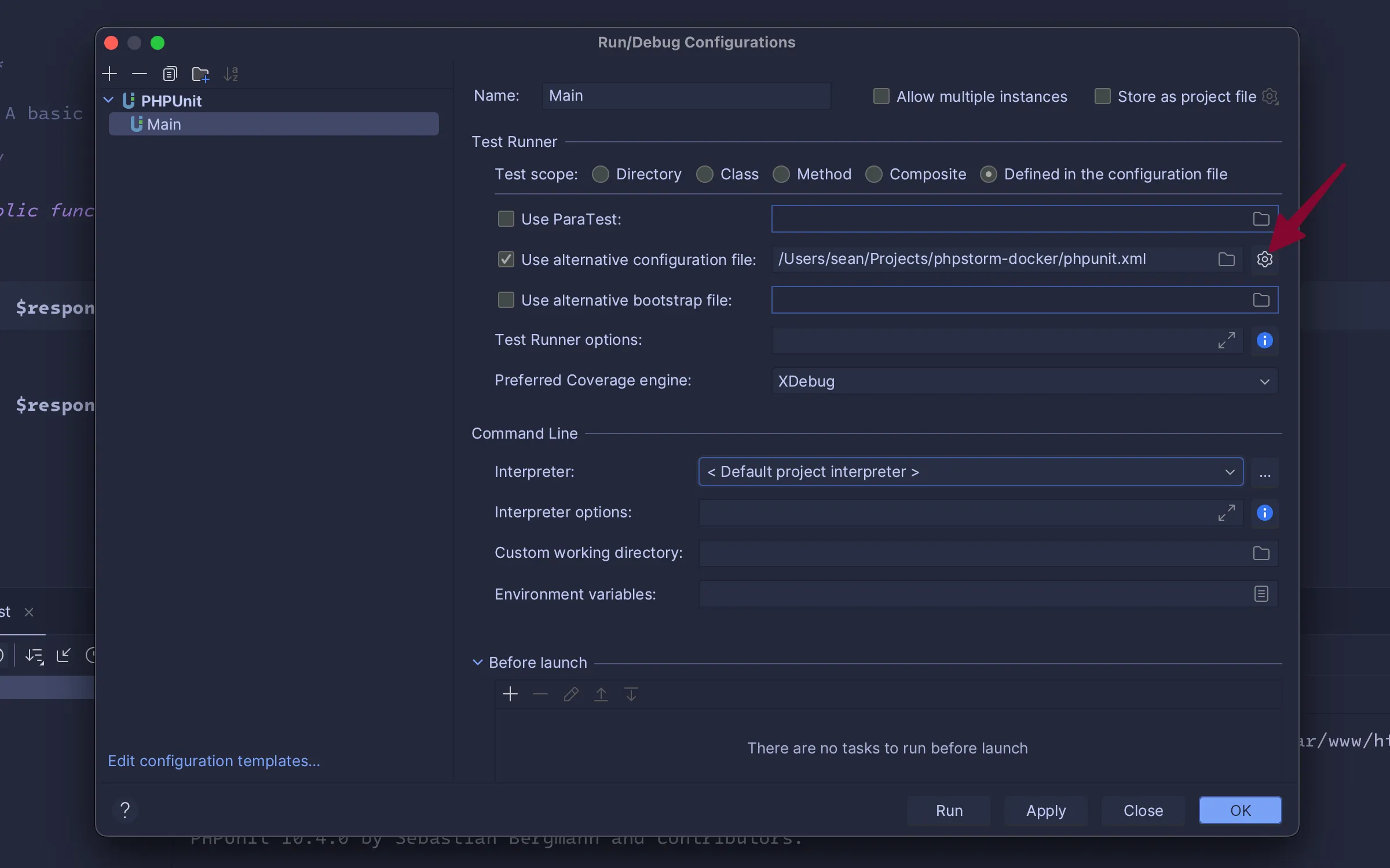 Set PHPUnit test framework configuration
