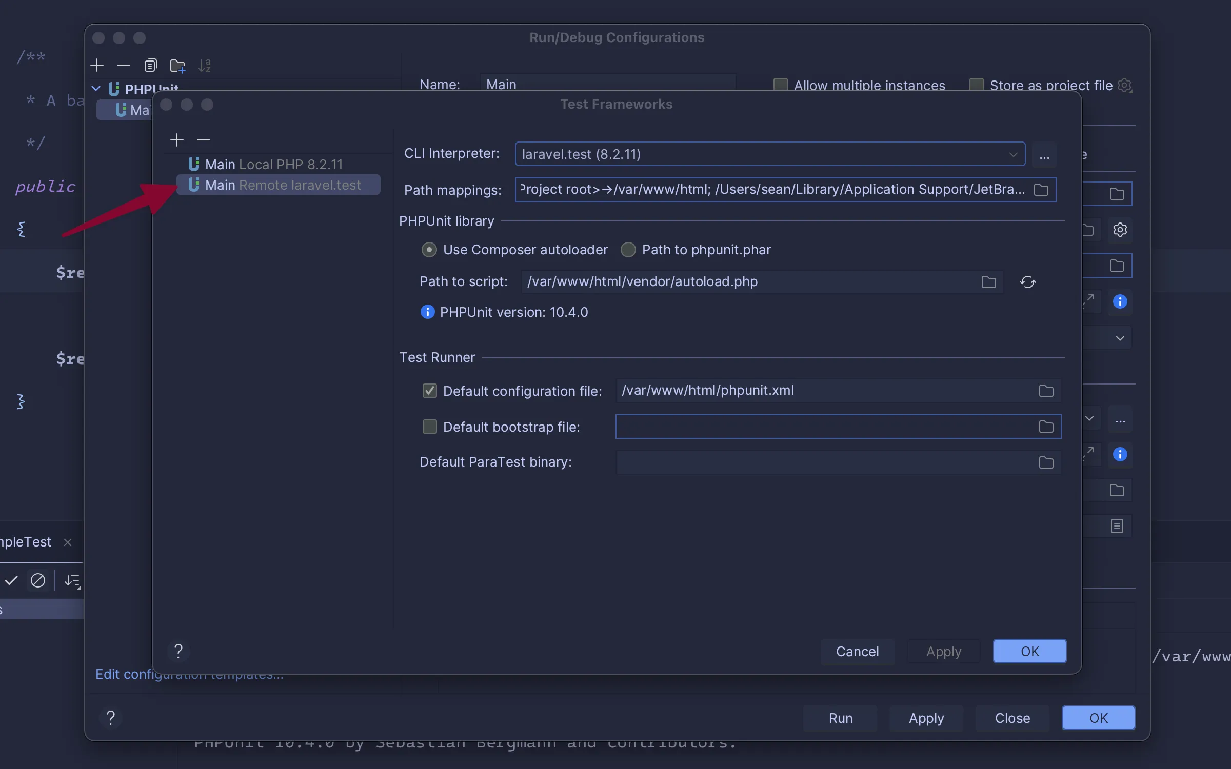 Set remote interpreter for tests