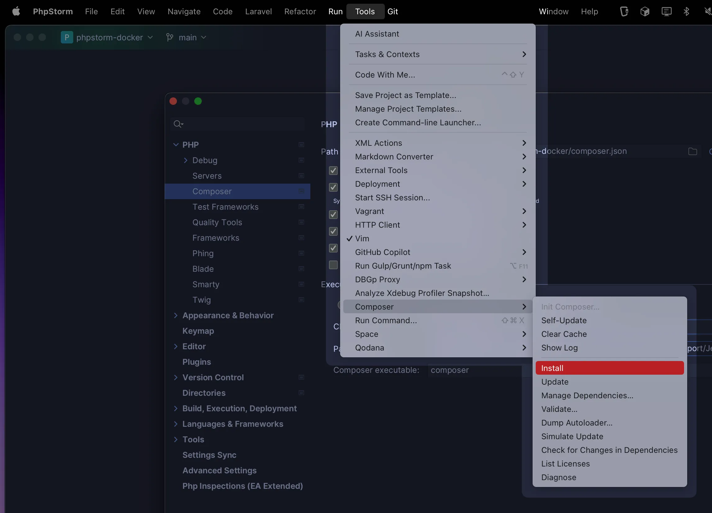 Composer commands in PhpStorm