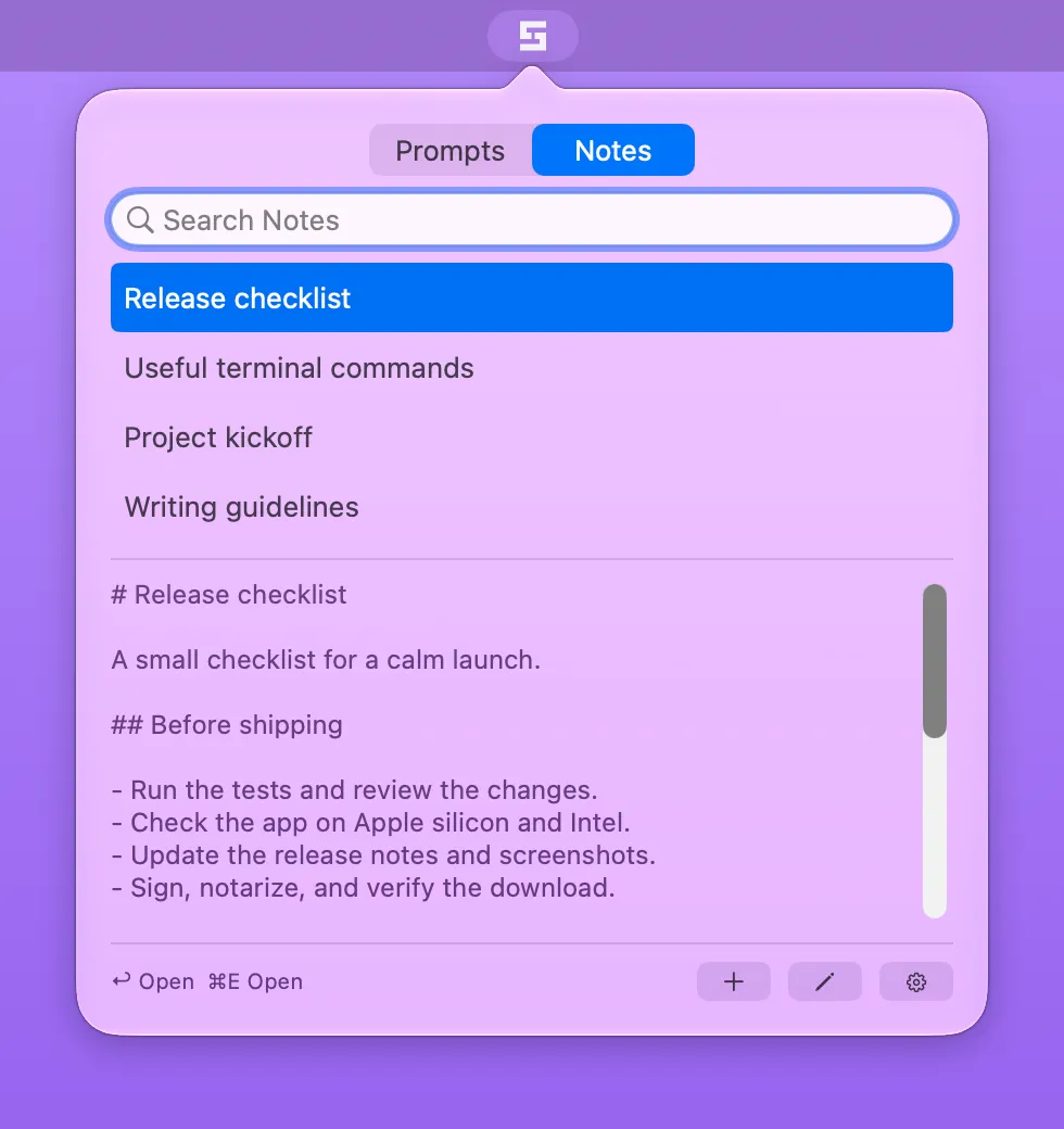 The Notes tab in Stencilbar