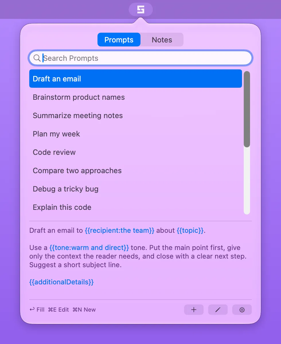 The Stencilbar popover with the Prompts and Notes tabs